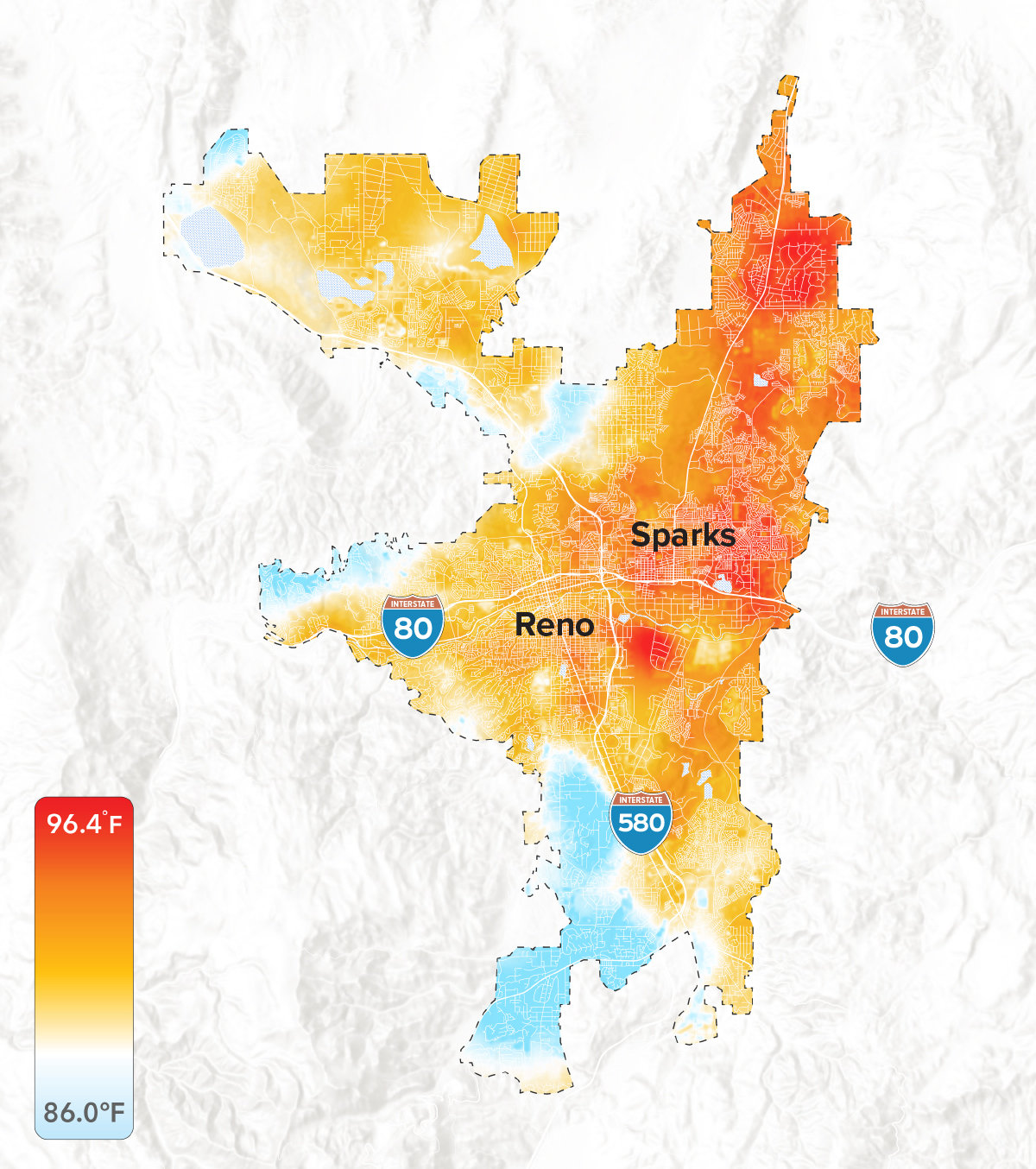 Map showing differences of more than 10 degrees Fahrenheit in hottest and coolest areas of Reno.
