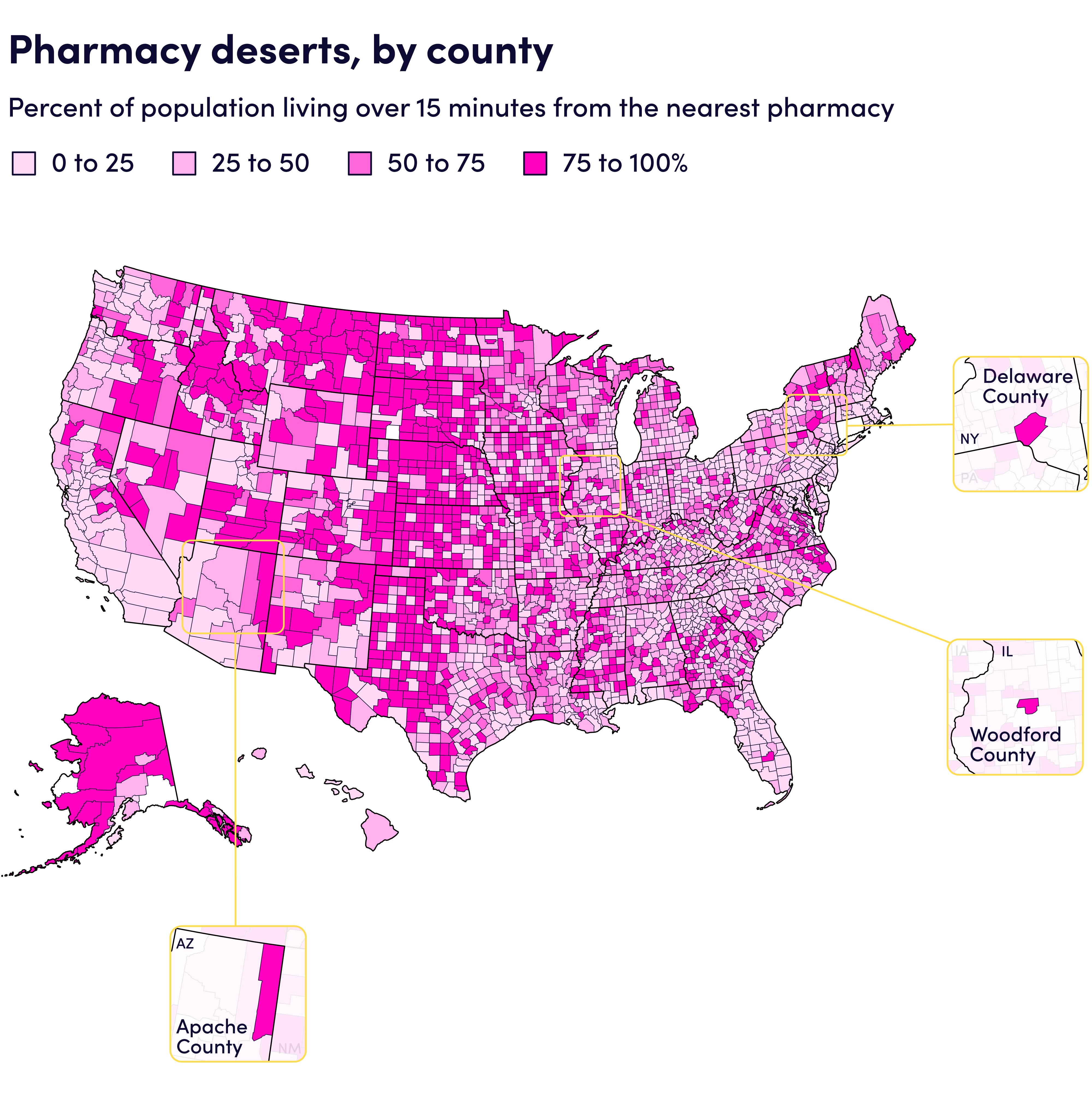 Map showing percent of population that lives more than 15 minutes from the nearest pharmacy.
