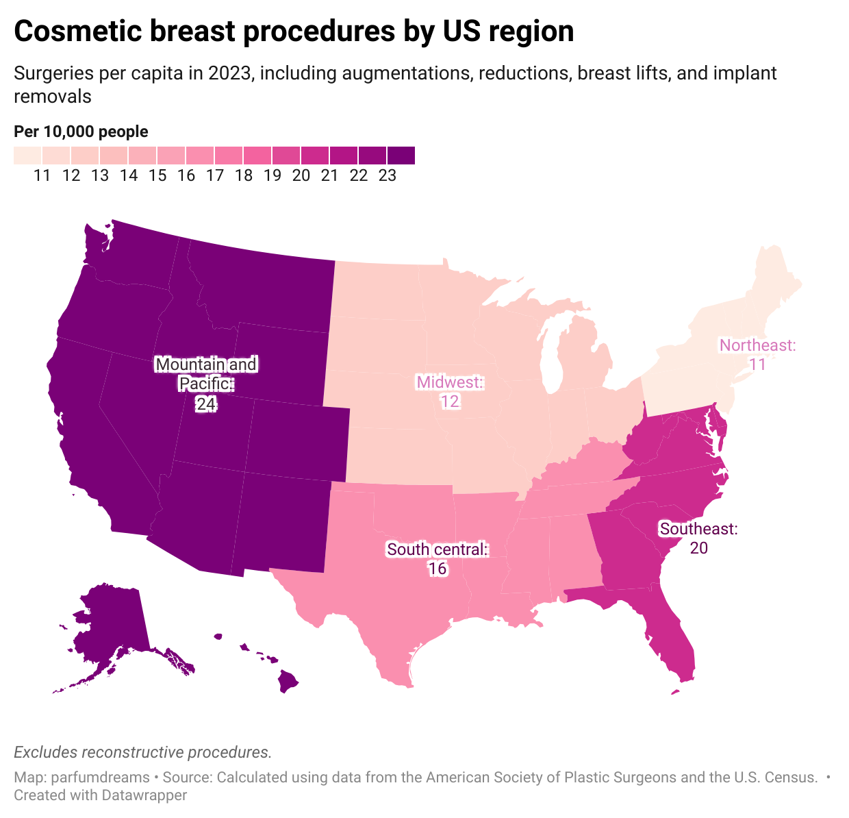 Map showing cosmetic breast procedures by US region.