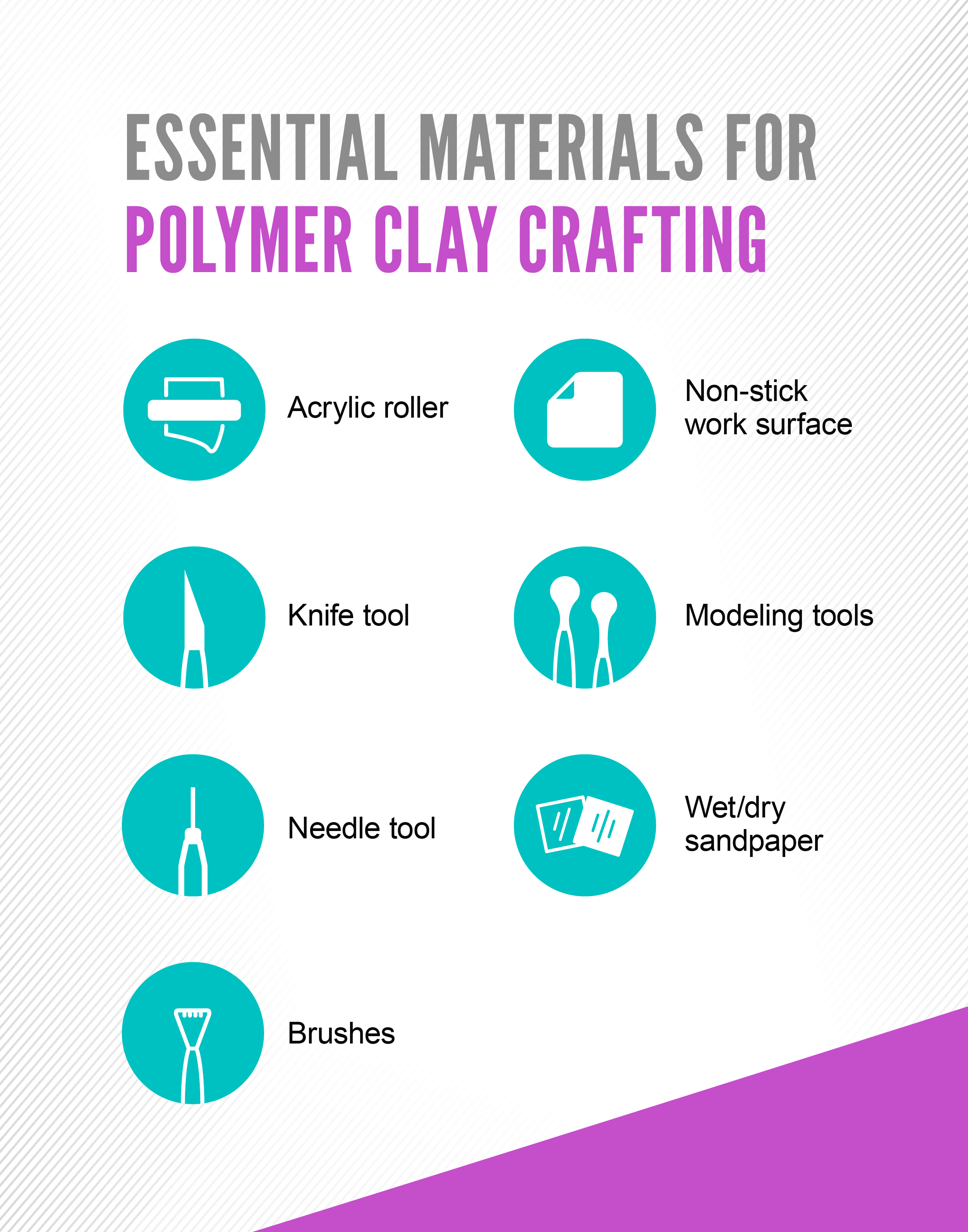 Graphic showing essential tools for clay crafting.