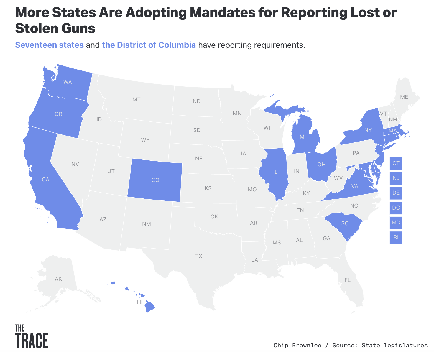 Map showing the 17 states that have mandates for reporting gun thefts.