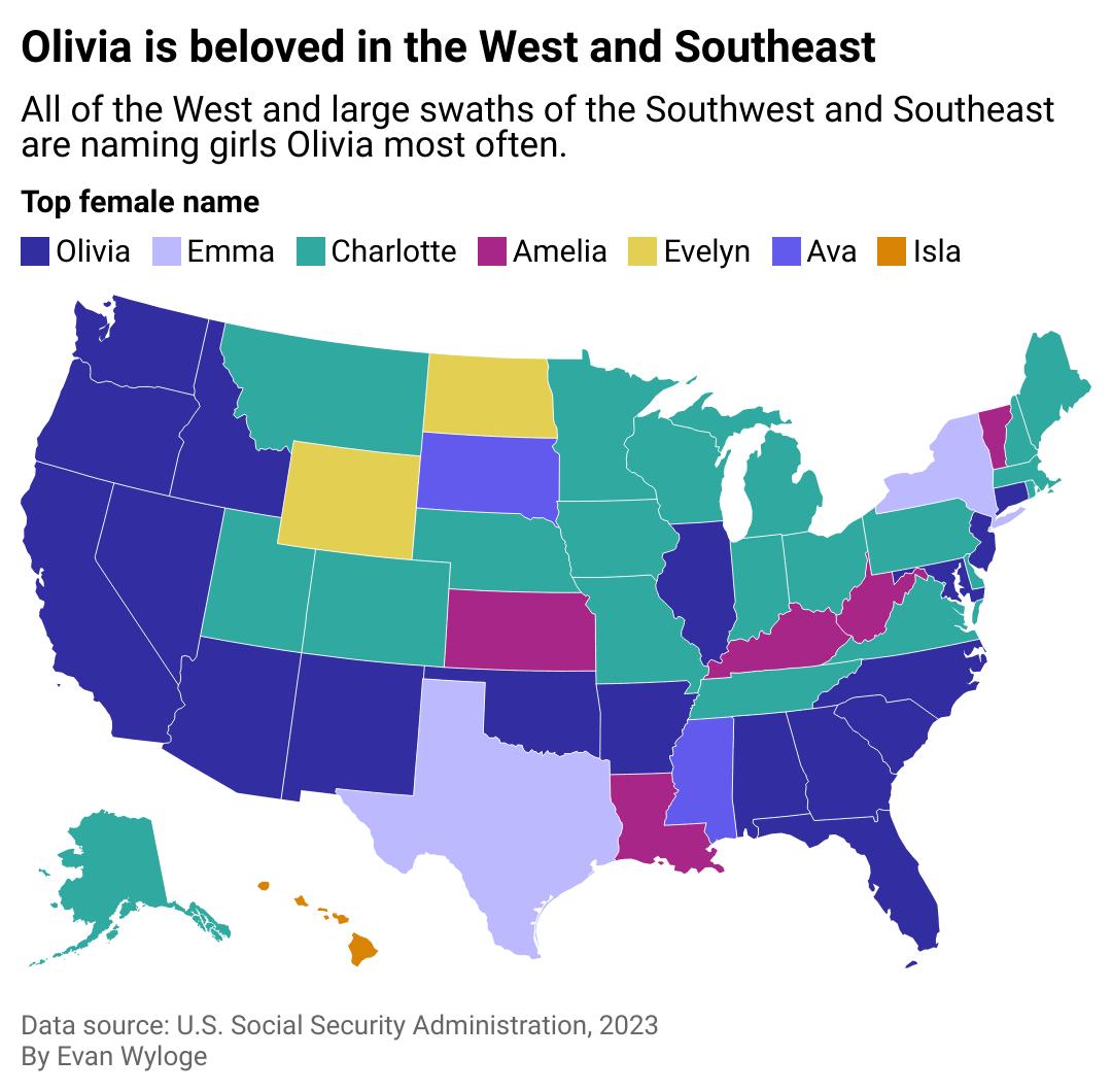 Map showing top female names by state. Olivia is beloved in the West and Southeast.