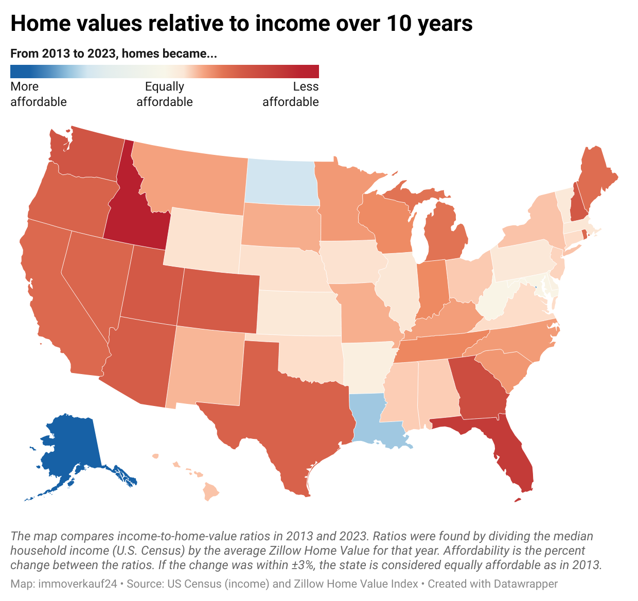 Heatmap of the states showing data on home values relative to income over 10 years.