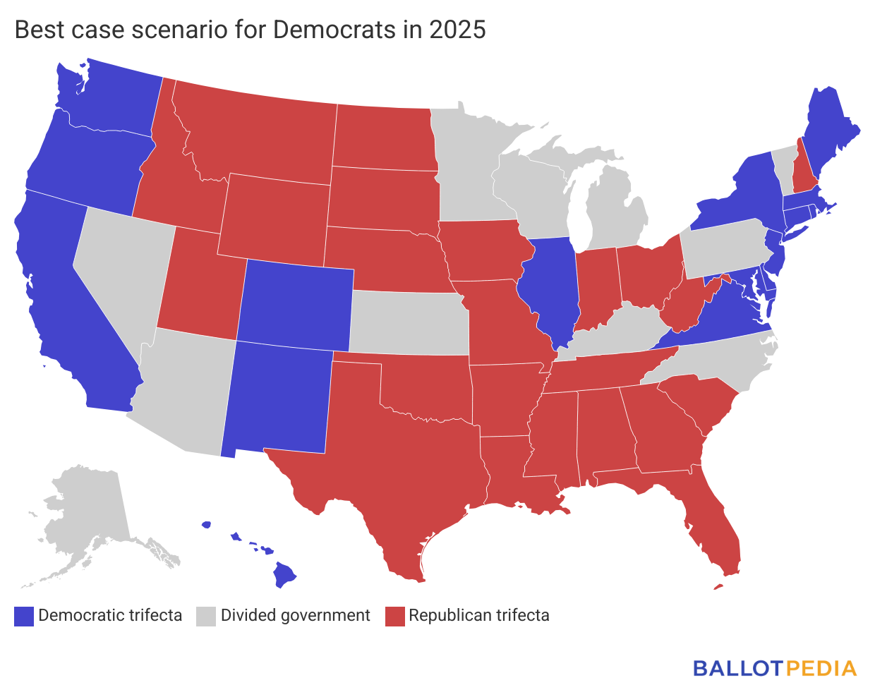 Map showing best-case scenario for Democrats in 2025.