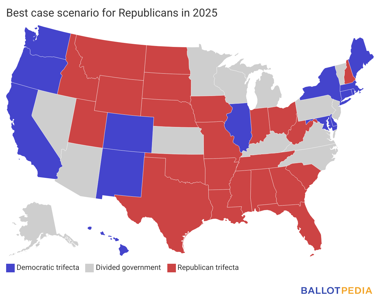 Map showing best-case scenario for Republicans in 2025.