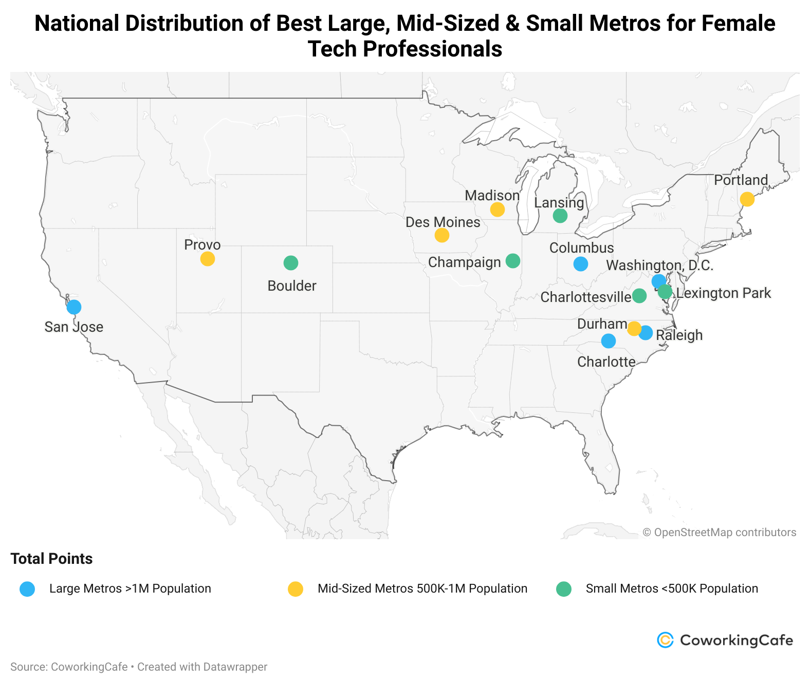 Map showing locations of best metros for women working in tech in the U.S.