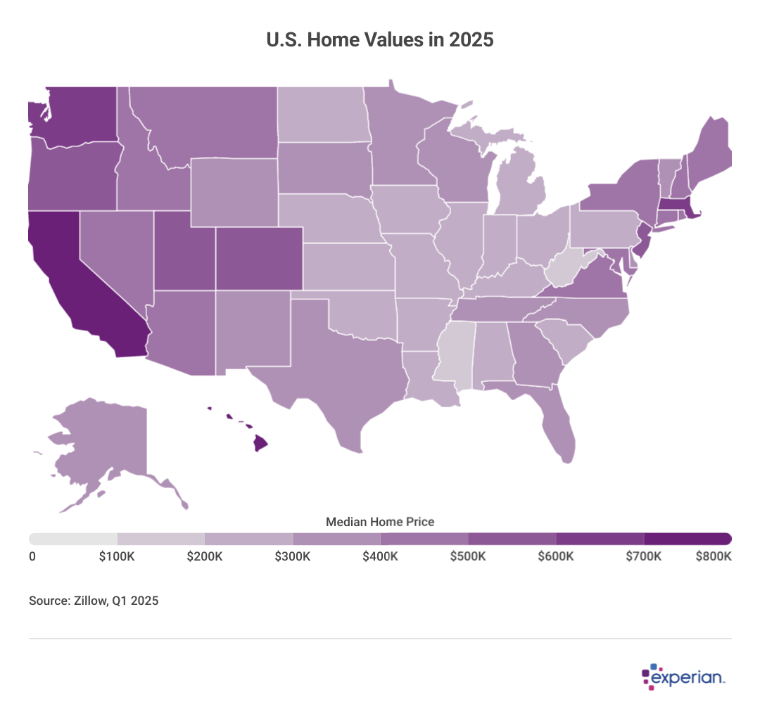 Map showing median U.S. home values in 2025.