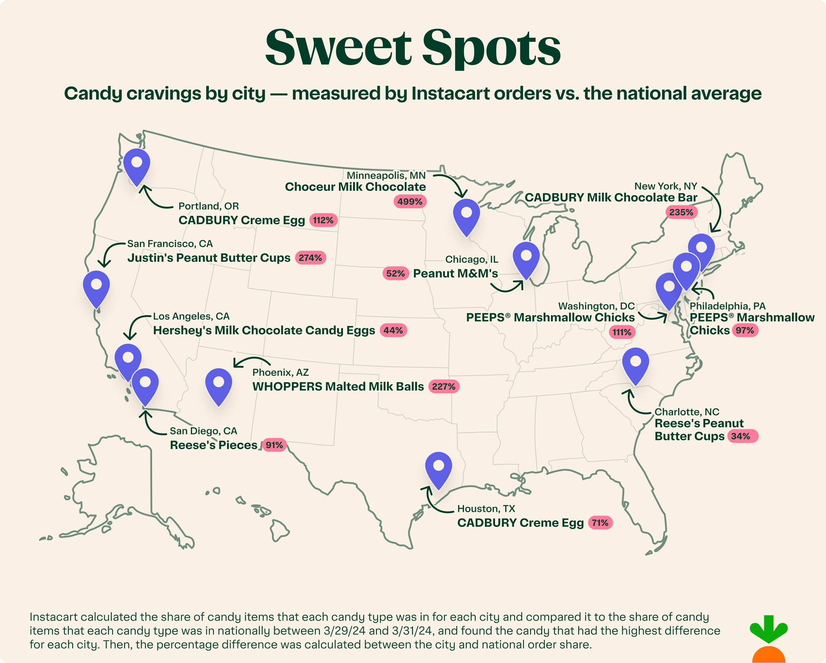 Map showing candy orders measured by Instacart orders vs. the national average.