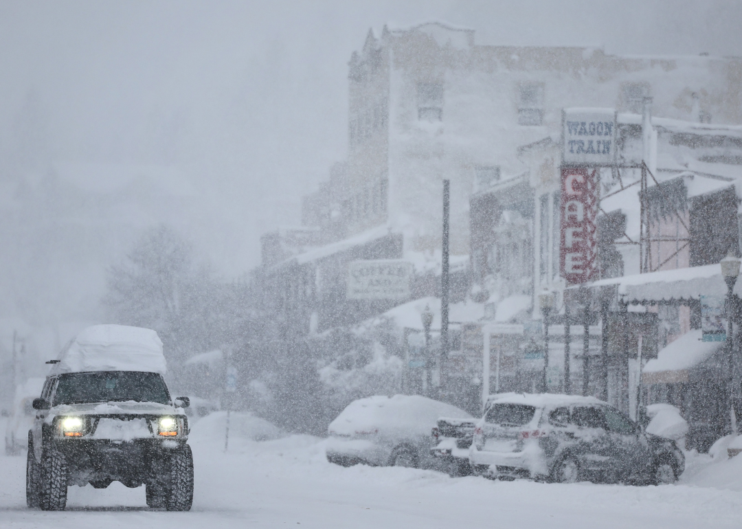  Snow falls downtown, north of Lake Tahoe, during a powerful multiple day winter storm in the Sierra Nevada mountains on March 02, 2024 in Truckee, California.