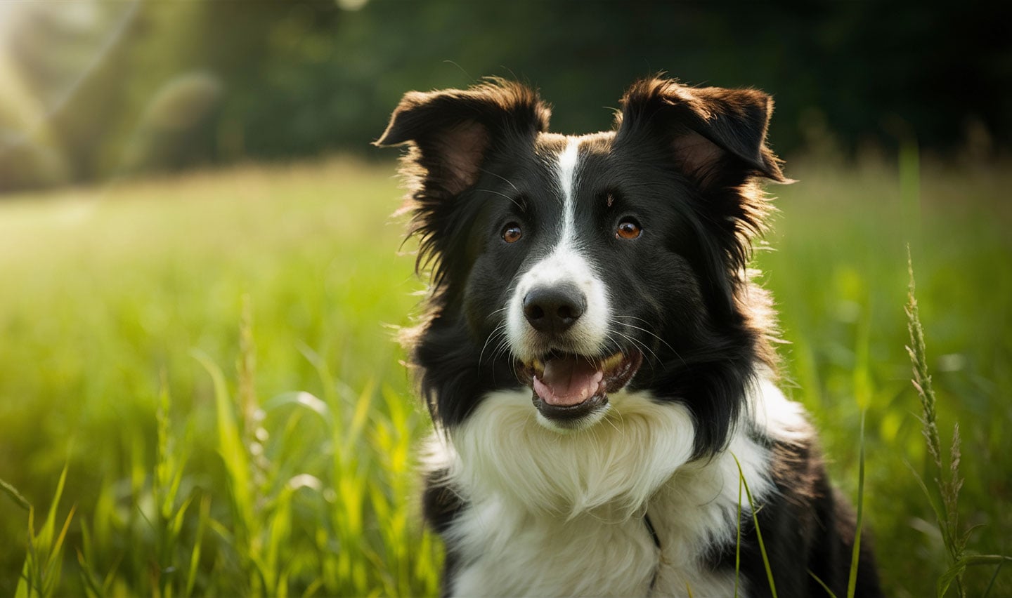 A happy border collie in the grass