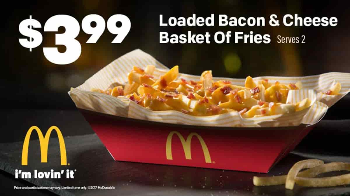Vintage advertisement for the Loaded Bacon & Cheese Basket of Fries