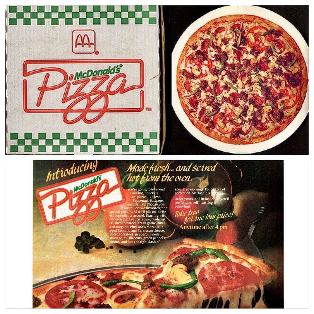 Collage of photos of the McDonald's pizza including an old pizza box, a photo of the pizza itself, and an advertisement
