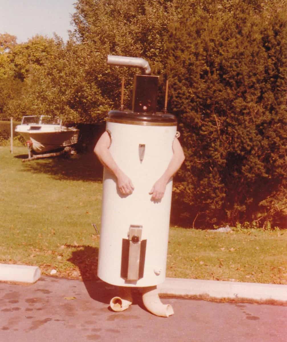 Kid in a homemade water heater costume
