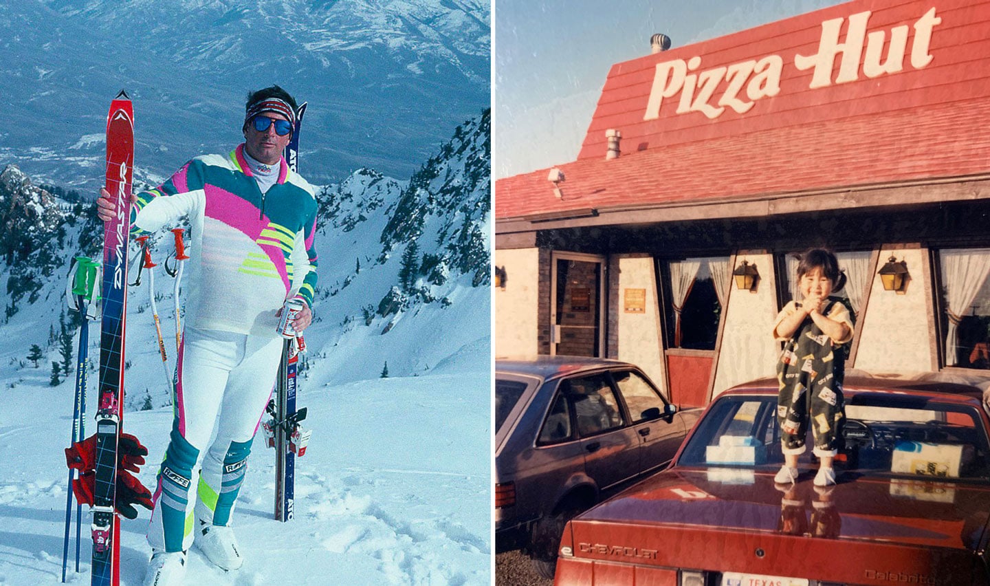 Split image: on the left, a man in a neon pink and teal ski racing suit stands on a snowy mountain holding Dynastar skis; on the right, a toddler in printed overalls stands on the trunk of a red Chevrolet in front of a Pizza Hut.