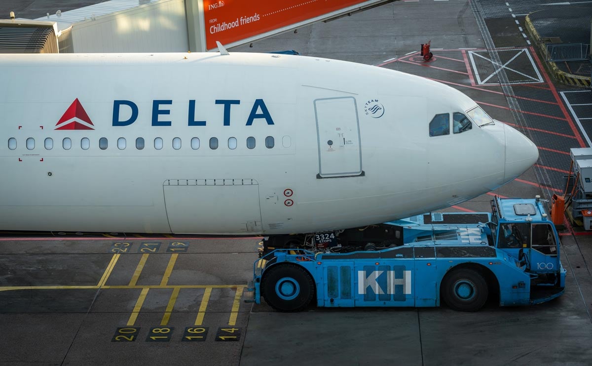 Delta Air Lines Airbus A330 Nose Gear Attached to Tow Tug at Amsterdam Schiphol Airport