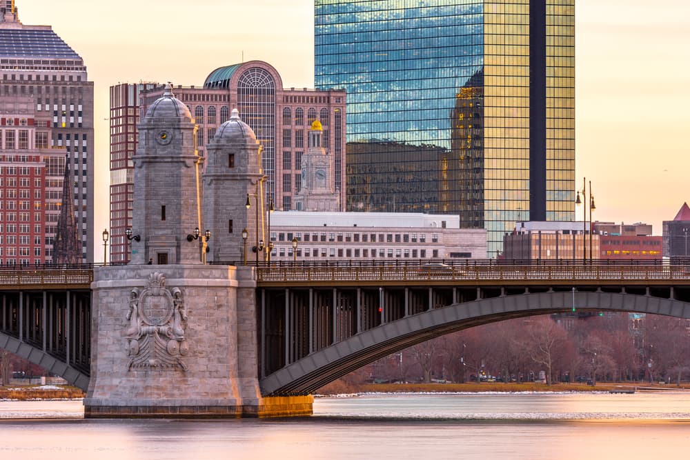 View of Longfellow Bridge, Boston in the morning. It is a bridge spanning the Charles River to connect Boston's Beacon Hill neighborhood with the Kendall Square area of Cambridge, Massachusetts.