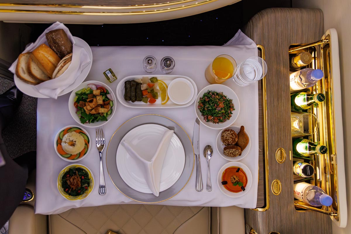 Overhead shot of a nice meal on an Emirates flight.
