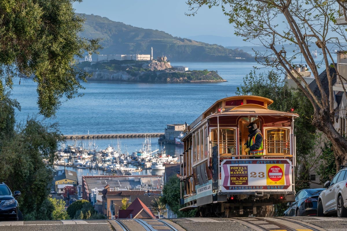 A cable car in San Francisco at daybreak.