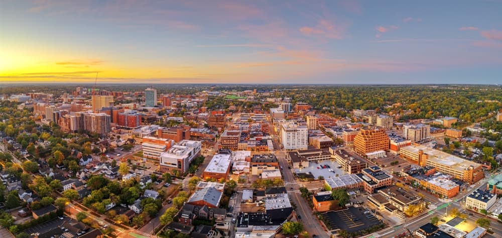 Ann Arbor, Michigan, USA college town skyline at dusk.