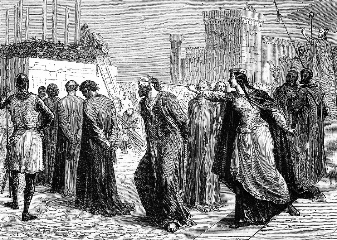 Vintage engraving depicting the heretics of Orleans march to death.