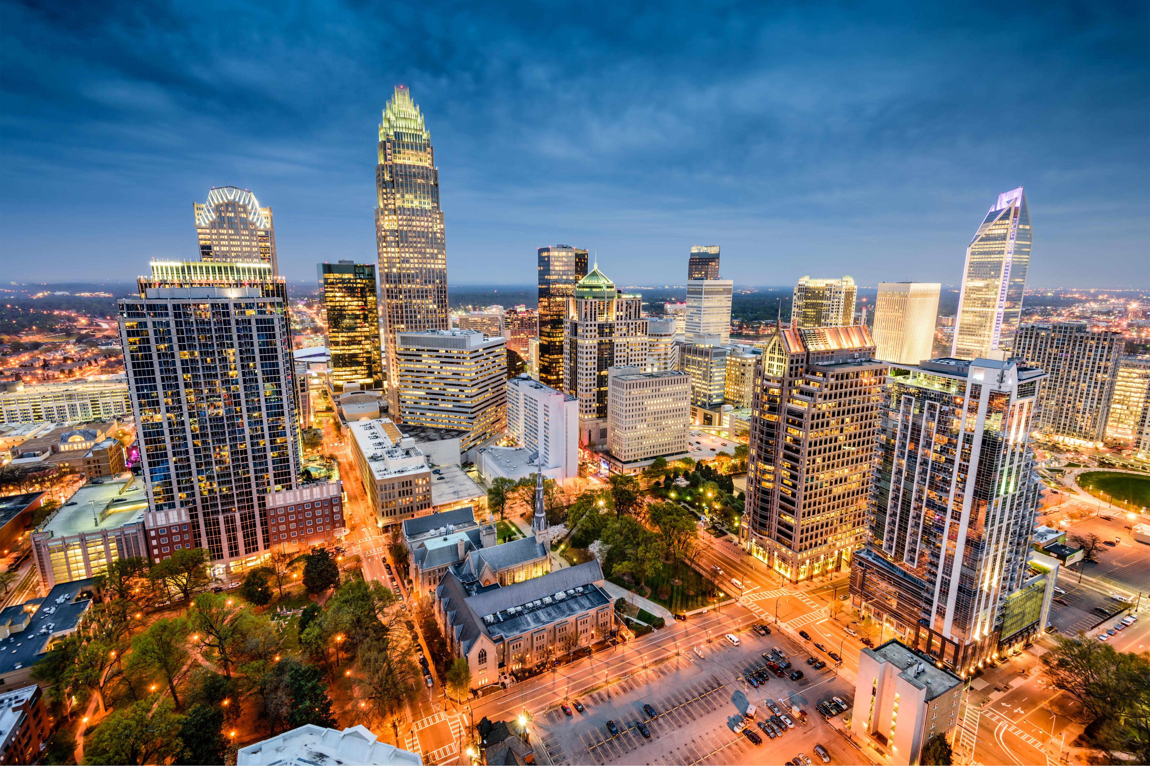 Charlotte cityscape at night.