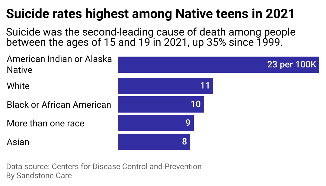 A bar chart showing teen suicide rates by race with American Indians or Alaska Natives leading, followed by White, Black or African American, More than one race, and Asian people. Suicide was the second-leading cause of death among people between the ages of 15 and 19 in 2021, up 35% since 1999. 