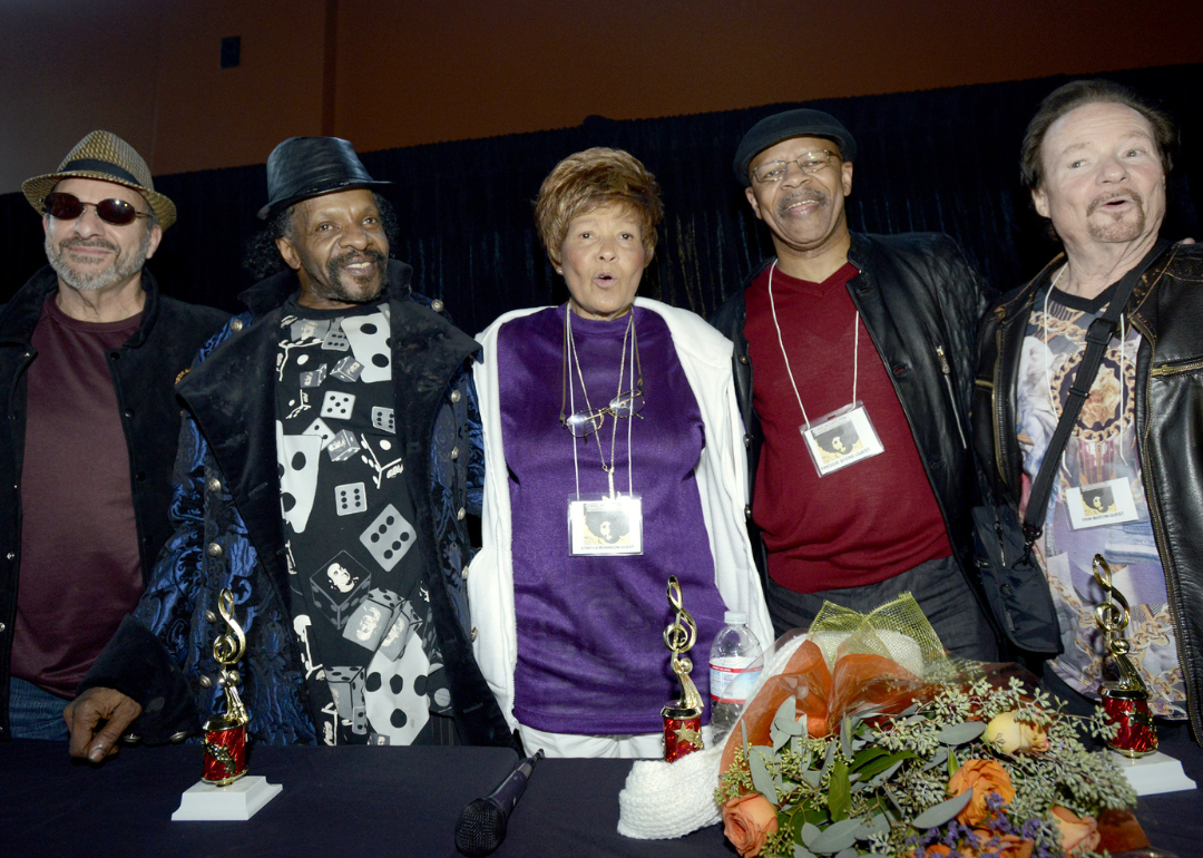 Greg Errico, Sly Stone, Cynthia Robinson, Freddie Stone, and Jerry Martini in 2015.