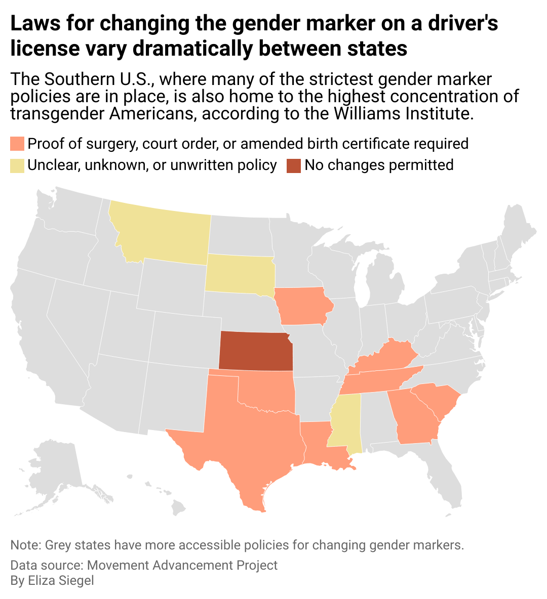 This map of the U.S. shows the varying laws for changing the gender marker on a driver