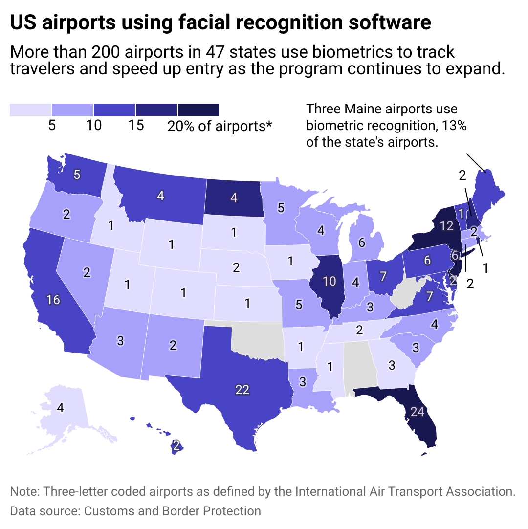 A map showing number of airports using facial recognition in each state.