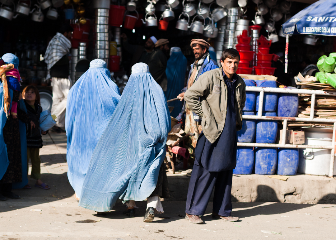 Afghan women in burkas pass by a man outside a market