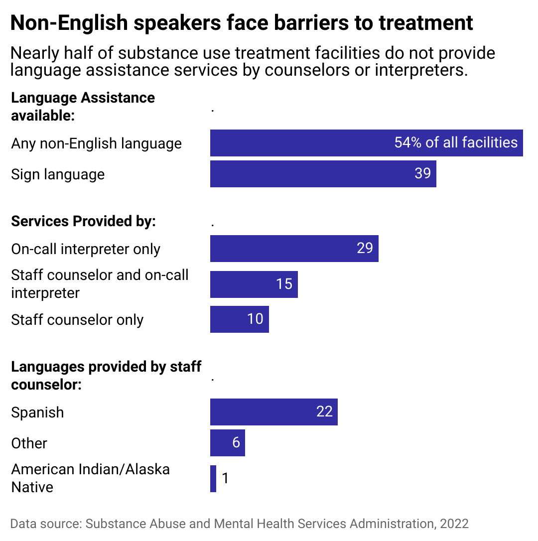 A bar chart shows the language assistance available for non-English speakers. Nearly half of substance use treatment facilities do not provide language assistance services by counselors or interpreters.