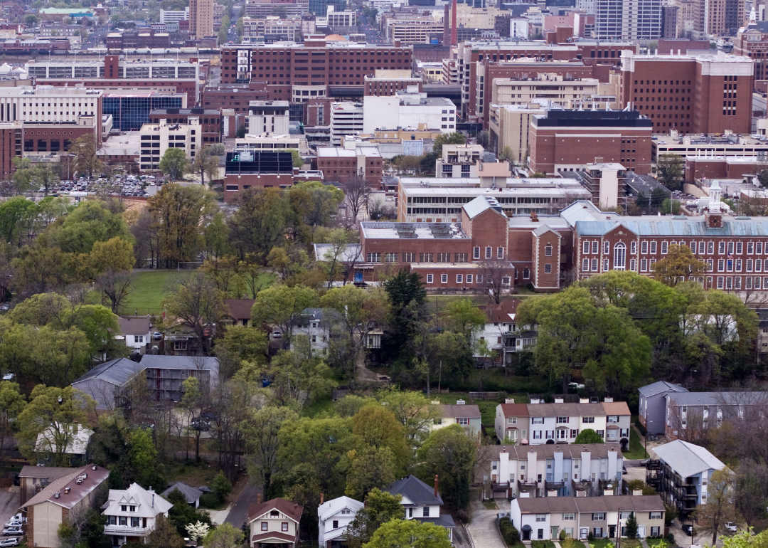 An aerial view of homes and downtown Birmingham.