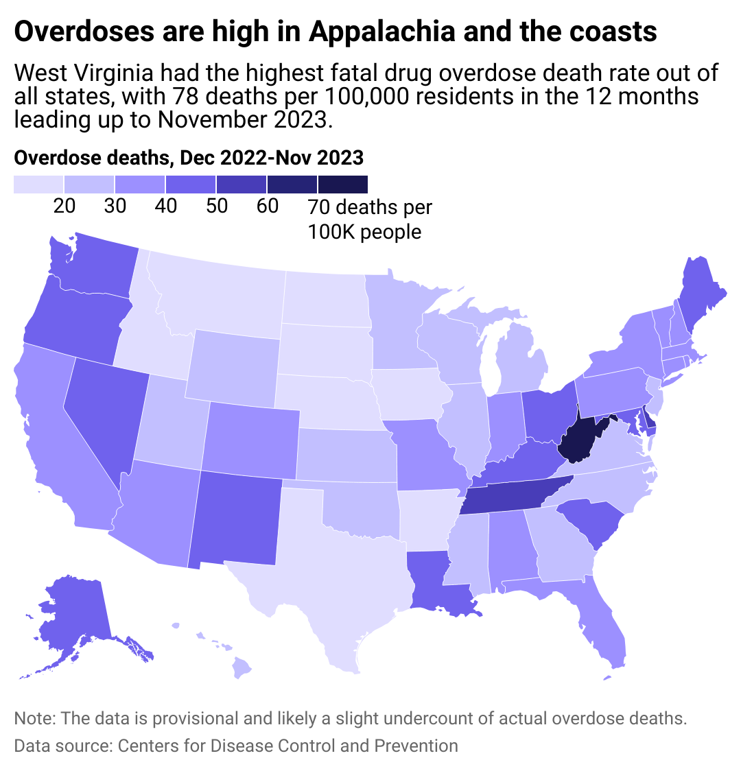 A map showing which states have the highest drug overdose death rates. Overdoses are especially bad on the coasts and in Appalachia.