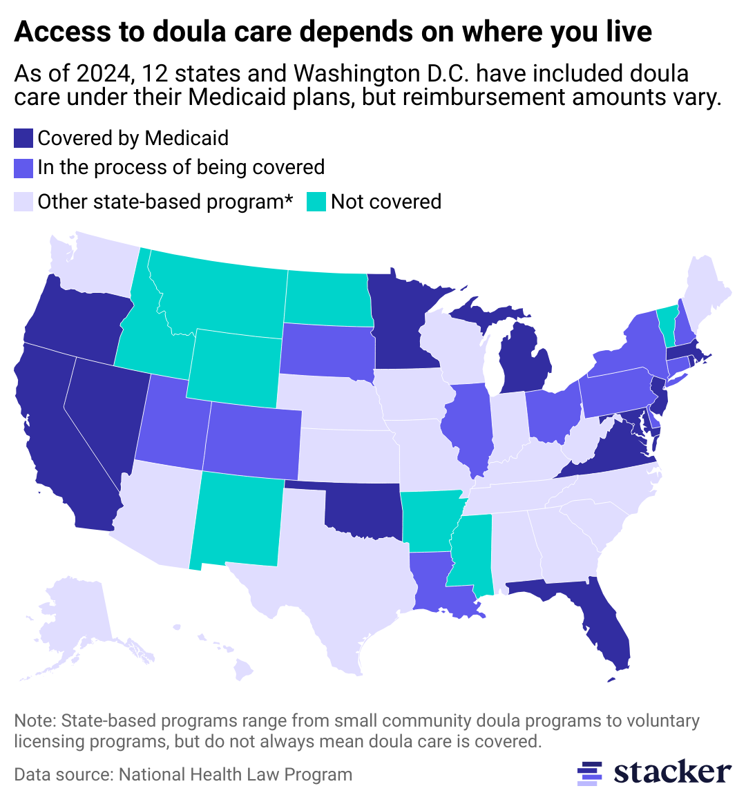 A map showing where doula care is covered by Medicaid by state.