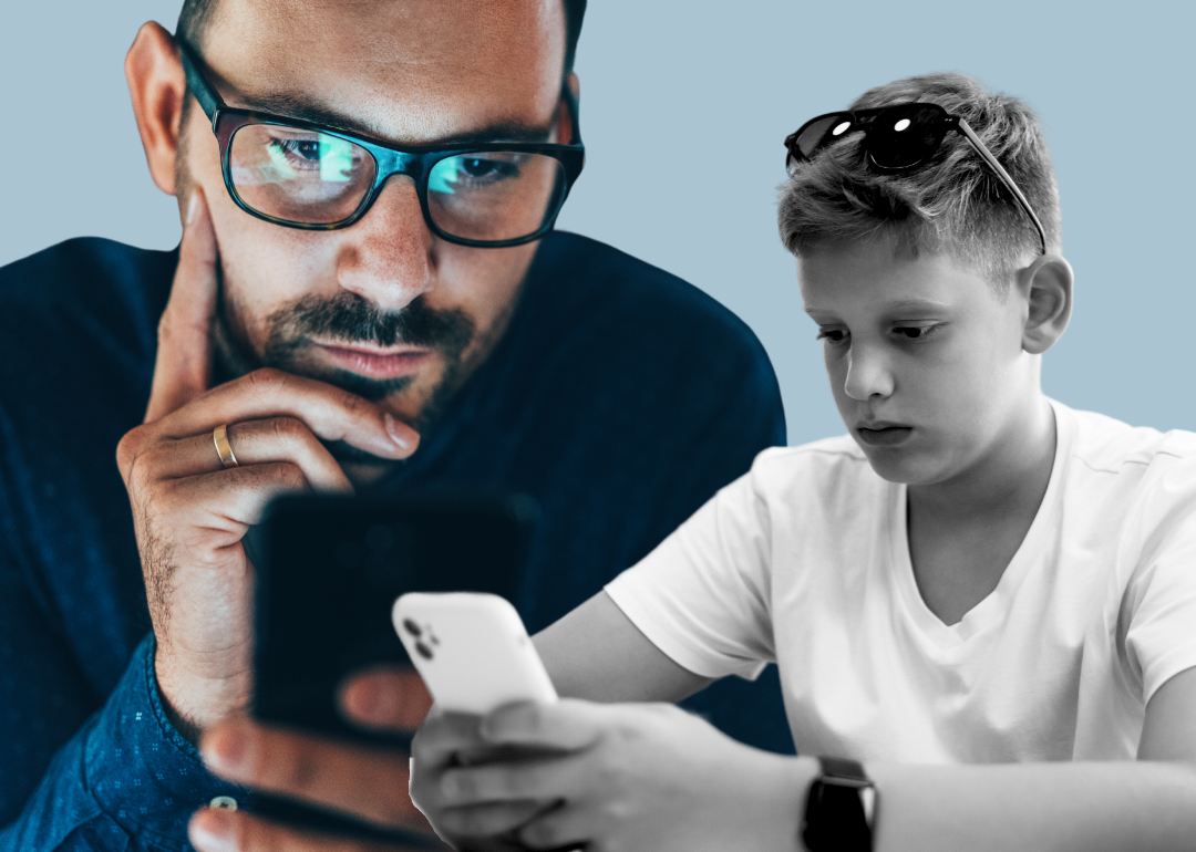 A photo illustration of a middle-aged man and a teen boy reading texts.