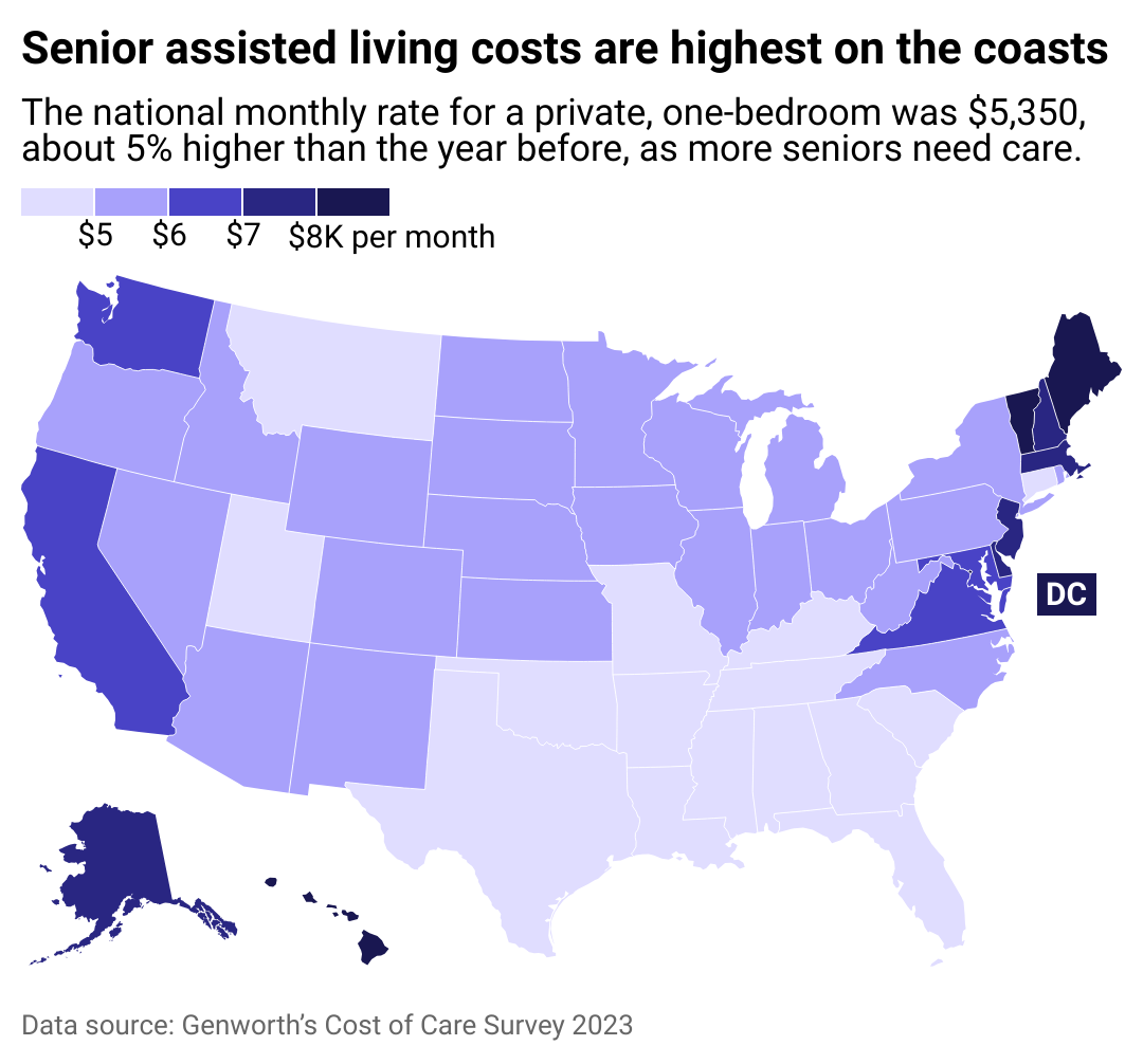 A map showing the monthly cost of assisted living facilities in every state.