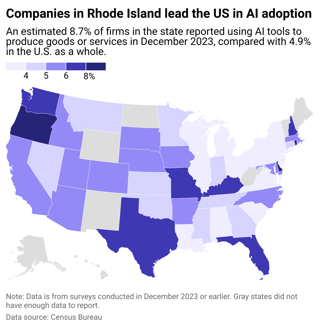 A map of showing which states have the highest share of companies who are currently using AI to produce goods and services.