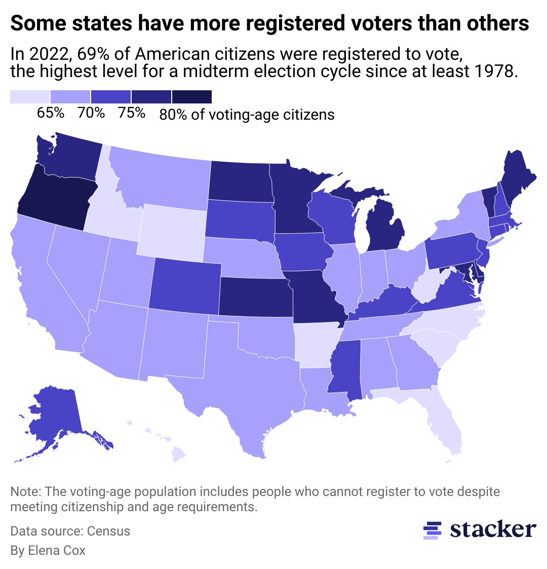A map showing which states have the largest share of registered voters.
