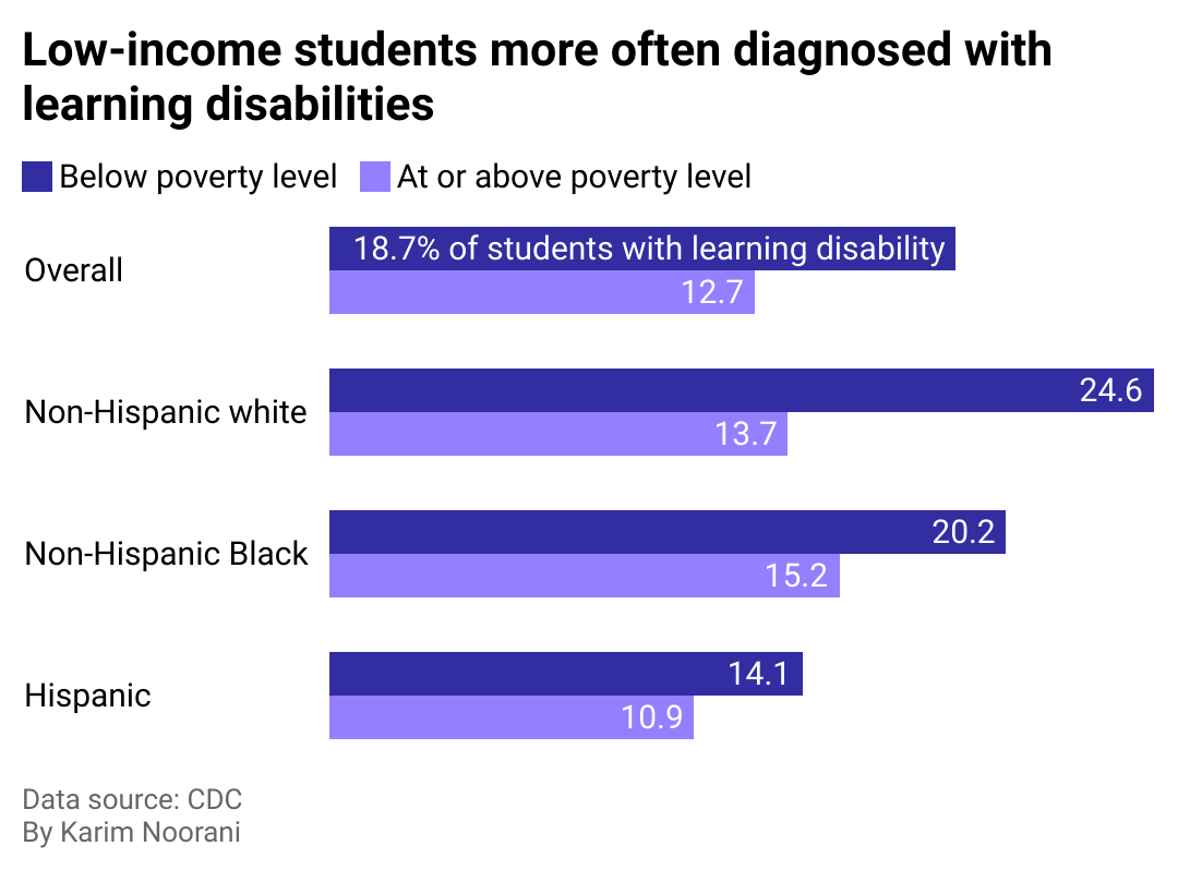 A bar chart showing rates of learning disabilities among different income levels.