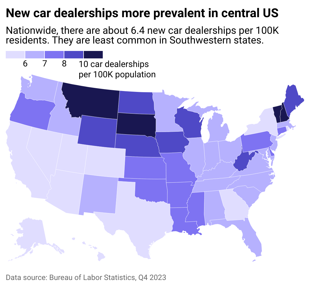 A heat map showing the number of car dealerships per capita in each state.