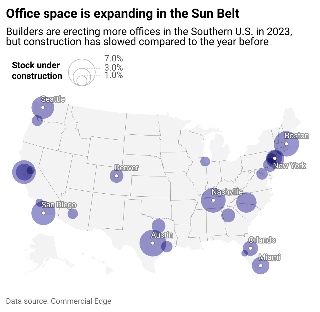 A map showing where builders are putting up the most new office buildings.