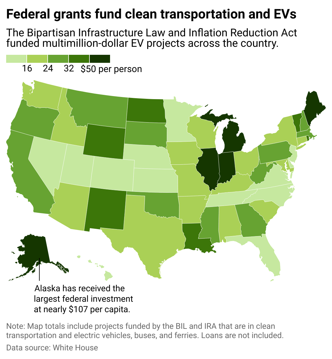 A heat map showing continued investments in clean transportation infrastructure and electric vehicles, trucks, and ferries from the Bipartisan Infrastructure Law and Inflation Reduction Act.