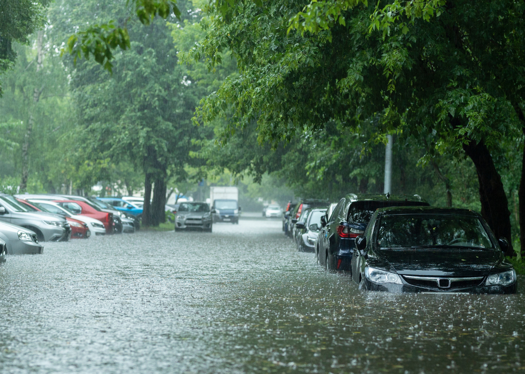 Flooded cars in a city.