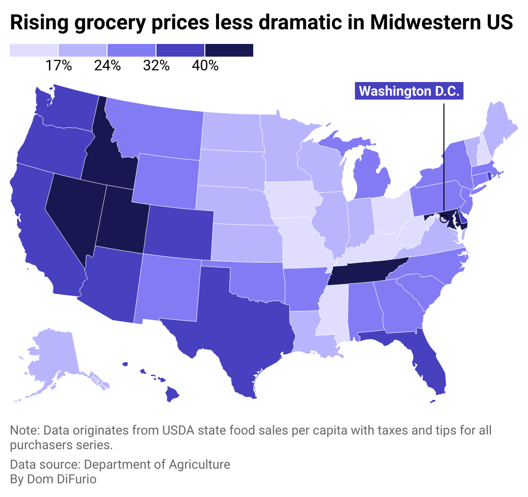 A map of the US with states shaded darker if they had larger increases in grocery spending per person from 2019-2023. Change was greater in western states and less dramatic in the midwest.