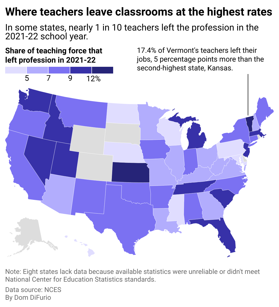 A map of the U.S. showing the percentage of teachers who left the profession in all but eight states that lack data on teacher attrition. States including Vermont, an outlier, Florida, South Carolina, Tennessee, Kansas, New Jersey, and Michigan saw the highest rates of teacher attrition in the 2021-22 school year.