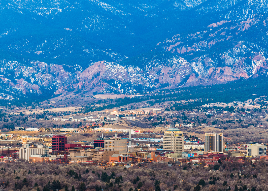 An aerial view of Colorado Springs in the mountains.