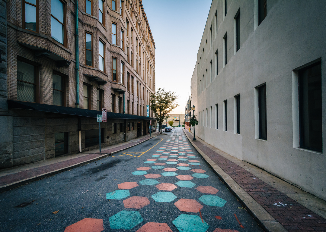 Colorful hexagons lining the street in Greensboro.