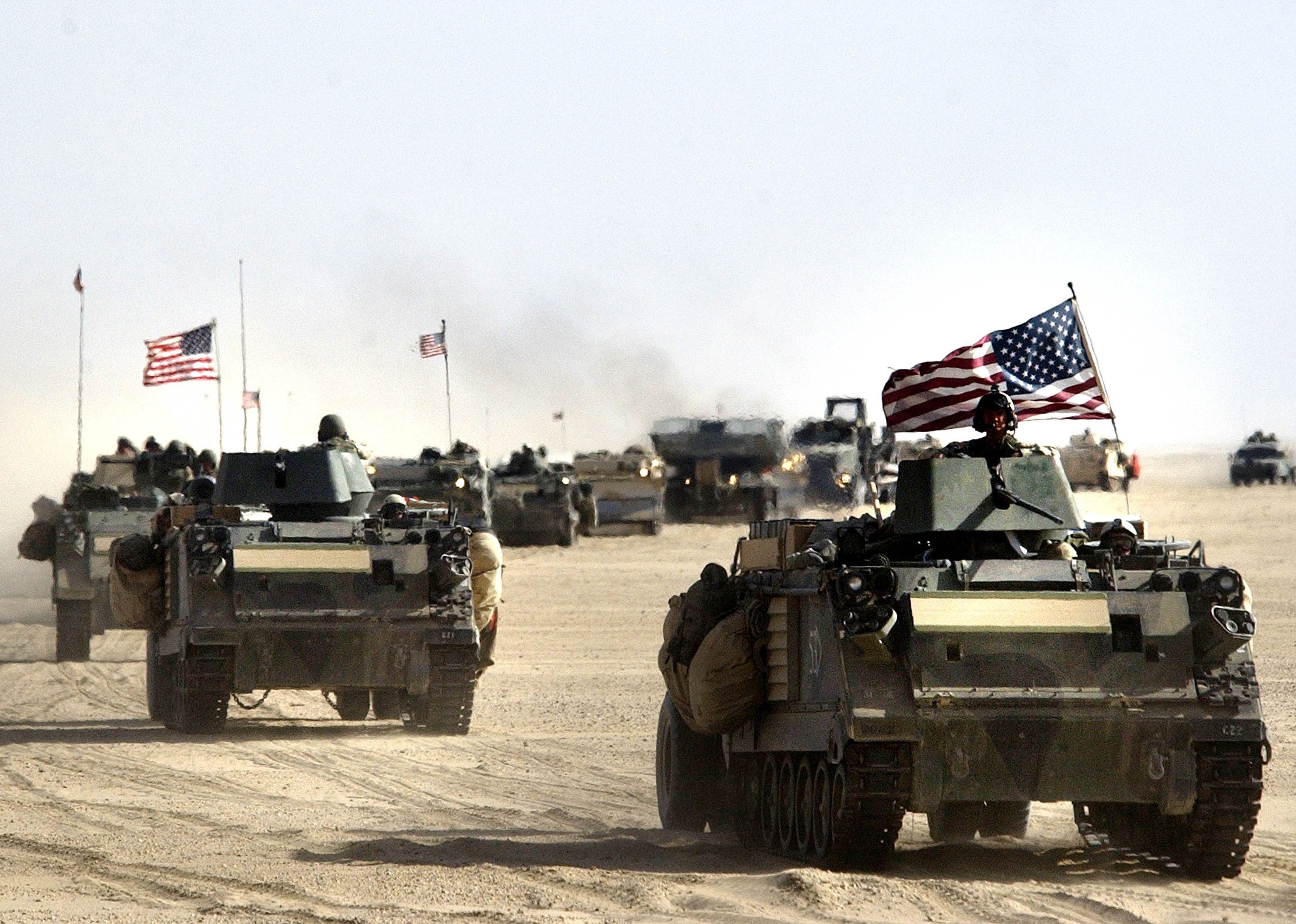 U.S. Army 11th Engineers move into position March 18 ahead of a possible strike near the Kuwait-Iraq border.