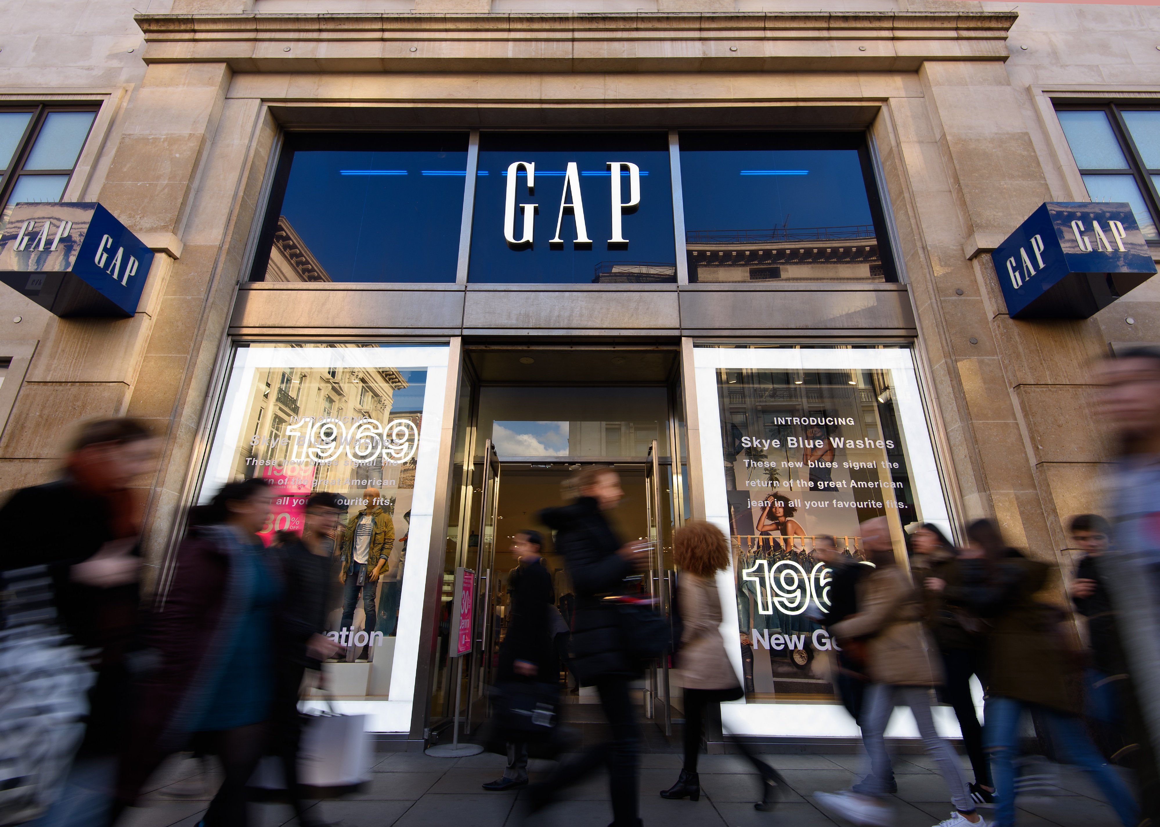 An exterior view of fashion retailer Gap's Oxford Street store
