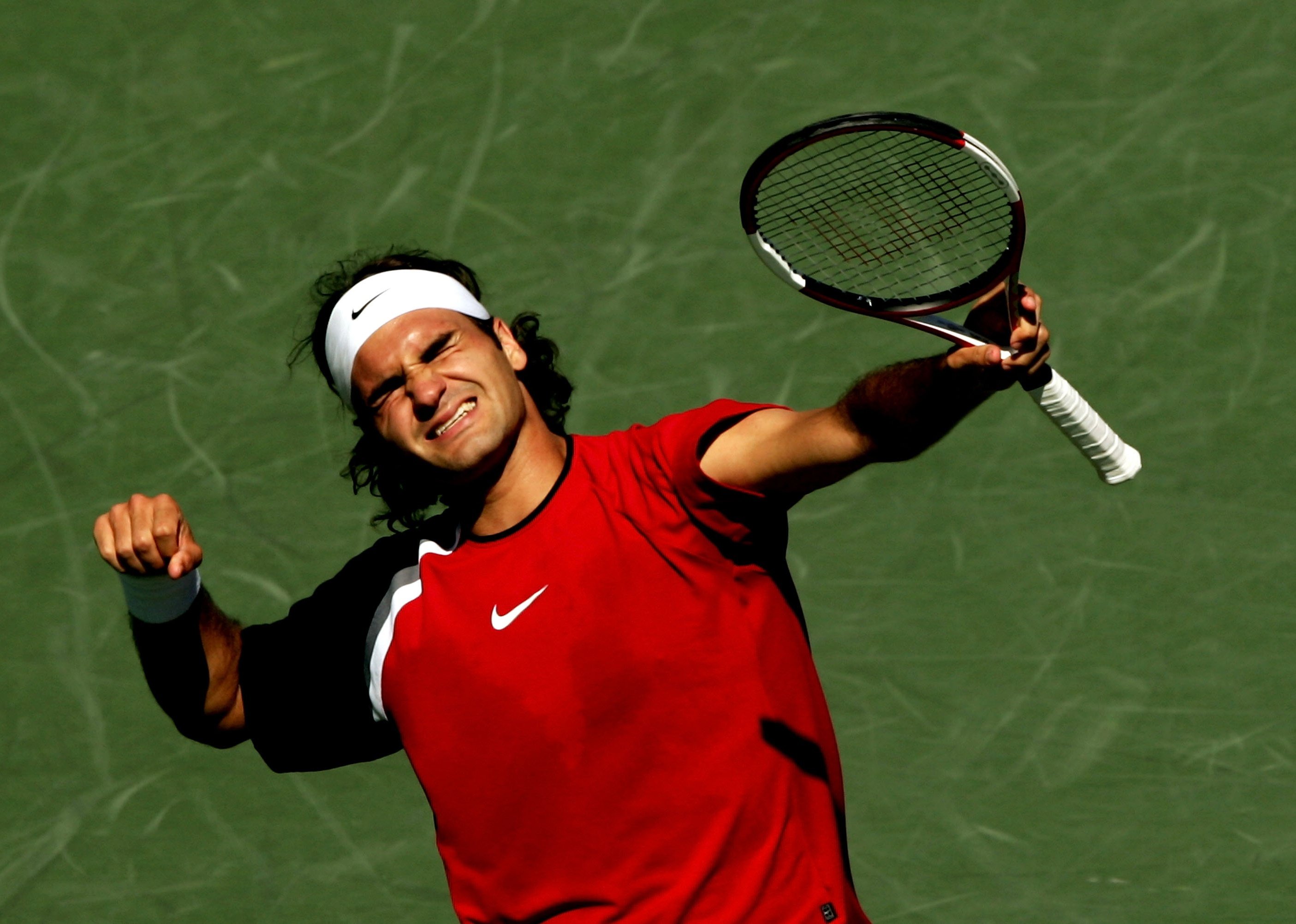 Roger Federer of Switzerland celebrates a match point.